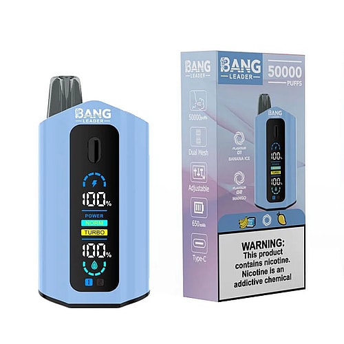 A blue Bang Leader vape device with a digital display showing battery and power levels, alongside its packaging that highlights its features like 50,000 puffs, flavors of banana ice and mango, and a warning about nicotine.