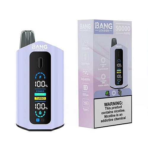 A lavender-colored vaping device with a digital display showing battery and power levels, placed next to its packaging that highlights features like dual mesh coils and flavors of black and green grape, alongside a warning about nicotine.