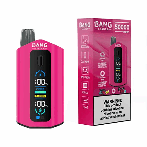 Um dispositivo de vaporização rosa brilhante rotulado como 'BANG Leader' mostrando uma tela digital com indicadores de bateria e energia, acompanhado por uma caixa rosa com opções de sabor e um aviso sobre nicotina.