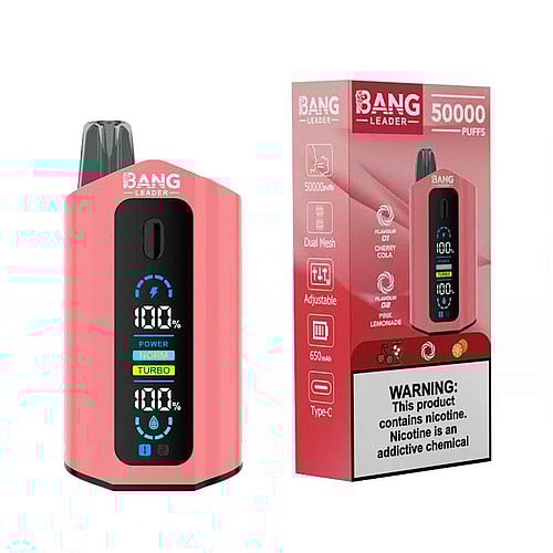 A pink Bang Leader vape device with a digital display showing battery level and modes, next to its box featuring graphics that highlight flavors 'Cherry Cola' and 'Pink Lemonade', as well as a warning about nicotine addiction.