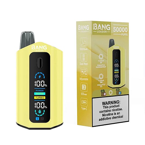 A bright yellow vaping device with a digital display showing battery percentage and mode settings, standing next to its packaging, which highlights its 50,000 puffs capacity and includes warning labels about nicotine addiction.