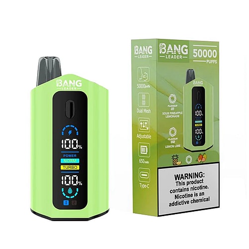 A green vape device with a digital display showing battery life and power modes, positioned beside its packaging that highlights features like 50,000 puffs, dual mesh technology, and flavors such as sour pineapple lemonade and lemon lime, along with a nicotine warning.