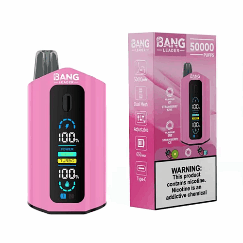 Um dispositivo eletrônico rosa para vaporizar com um visor que mostra a porcentagem da bateria e os modos, ao lado da caixa que destaca recursos como 50.000 tragadas e sabores como Morango Kiwi e Morango Gelado, com um aviso de nicotina na lateral.