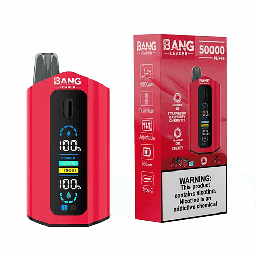 Um dispositivo de vaporização vermelho rotulado como 'BANG LEADER' com um visor digital mostrando as configurações de bateria e energia, ao lado da embalagem destacando sabores e avisos, incluindo recursos como 50.000 tragadas e carregamento Tipo C.