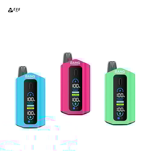 Three colorful vaping devices in blue, pink, and green, each displaying a digital screen with battery percentage and power settings, against a plain white background.