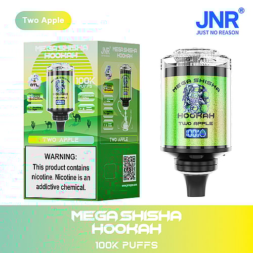 A green and silver Mega Shisha Hookah labeled 'Two Apple' with a digital display, placed next to its packaging that features a vibrant design, nicotine warning, and a QR code, emphasizing its suitability for DTL use and 100,000 puffs.
