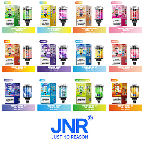 A display of various flavors of Mega Shisha Hookah products, showcasing colorful packaging and hookah devices in twelve different varieties, with the brand logo 'JNR' prominently featured at the bottom.