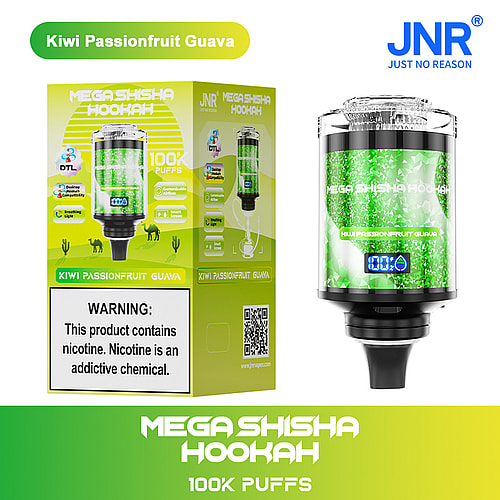 A Kiwi Passionfruit Guava Mega Shisha Hookah displayed alongside its colorful packaging, featuring a bright green design, product information, and a warning about nicotine addiction.