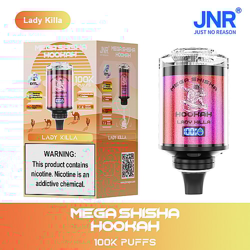 A colorful packaging for the Lady Killa Mega Shisha Hookah, featuring a digital display, a warning label about nicotine, and graphics depicting key features such as 100,000 puffs and versatility for DTL (Direct To Lung) usage.