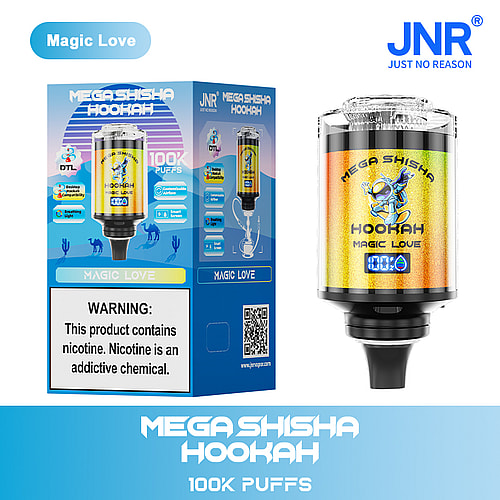 A colorful box for a product named Mega Shisha Hookah featuring the label 'Magic Love', displaying the device with a digital screen indicating 100,000 puffs, along with warning information about nicotine on the packaging.