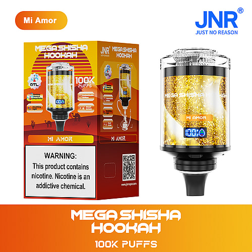 A product display featuring the 'Mi Amor' Mega Shisha Hookah, highlighting its capability for 100,000 puffs, accompanied by warning text regarding nicotine, and colorful packaging design with icons indicating features like DTL compatibility and customizable airflow.