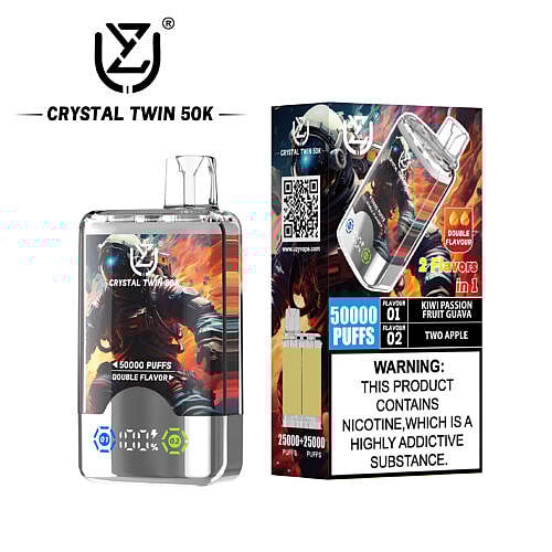 A vape device labeled 'CRYSTAL TWIN 50K' with a space-themed illustration on the front, featuring two flavor options: 'Kiwi Passion Fruit Guava' and 'Two Apple', and detailed warnings about nicotine addiction.