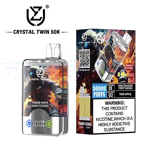 A vape device labeled 'CRYSTAL TWIN 50K' with a space-themed illustration on the front, featuring two flavor options: 'Kiwi Passion Fruit Guava' and 'Two Apple', and detailed warnings about nicotine addiction.