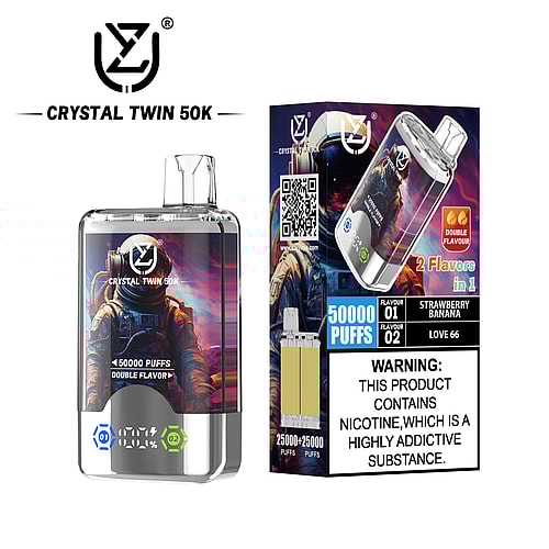A transparent e-cigarette device labeled 'CRYSTAL TWIN 50K' featuring an astronaut graphic, designed for 50,000 puffs and offering two flavors: Strawberry Banana and Love 66, with a digital display showing battery level.
