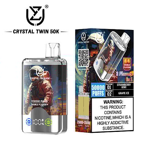 The image showcases a clear vape device labeled 'CRYSTAL TWIN 50K,' designed for 50,000 puffs and featuring double flavor options of Strawberry Kiwi and Grape Ice, alongside a graphic of an astronaut on the front and a warning about nicotine addiction on the side.