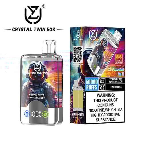 A transparent e-cigarette labeled 'Crystal Twin 50K' featuring a colorful illustration of an astronaut, designed for 50,000 puffs with two flavors: strawberry watermelon and lemon lime, displayed alongside its box that includes a warning about nicotine addiction.