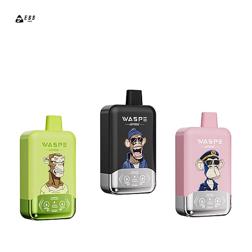 Three vape devices in bright colors: a green one featuring a cartoon character, a black one with a blurred face, and a pink one adorned with another cartoon character wearing pilot attire, all labeled 'WASPE' at the top.