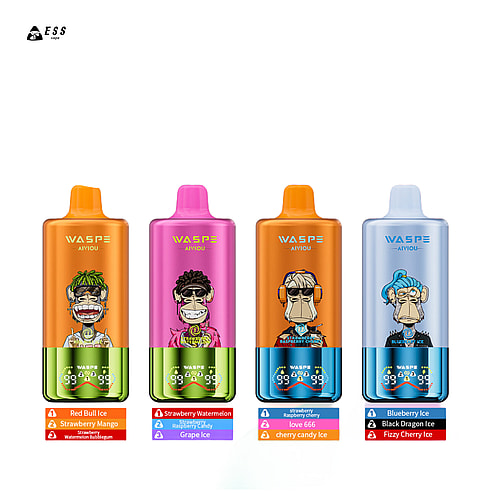 A collection of four vape pens featuring colorful packaging and cartoon monkey illustrations, labeled with flavors like Red Bull Ice, Strawberry Watermelon, and Blueberry Ice, each displaying distinct designs and color themes.