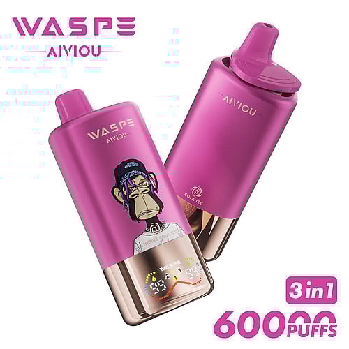 A pair of pink vape devices labeled 'WASPE AIVIOU,' featuring a cartoon monkey design on one and a digital display showing puff count and battery levels at the base.