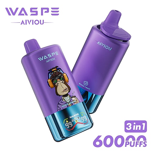 Two purple vaping devices branded with 'WASPE AIVIOU' and featuring a cartoon monkey character wearing headphones on the front, labeled 'MIXED FRUIT', with a display showing battery life and puff count, along with a note of '3 in 1' and '60000 PUFFS'.