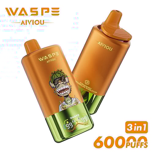 Two colorful vaping devices, one featuring a cartoon character with green hair and sunglasses, labeled 'WASPE AIVIOU', showcasing the flavors 'Strawberry Watermelon Bubblegum' and indicating capacity for 60000 puffs with a digital display.