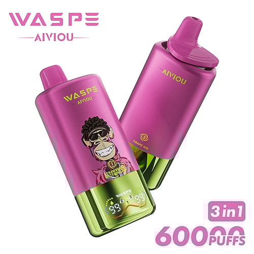 Two brightly colored pink disposable vapes, one featuring a cartoon monkey in sunglasses with a playful expression, labeled 'GRAPE ICE', showcasing a digital puff counter with a capacity of 60,000 puffs and the text '3 in 1'.