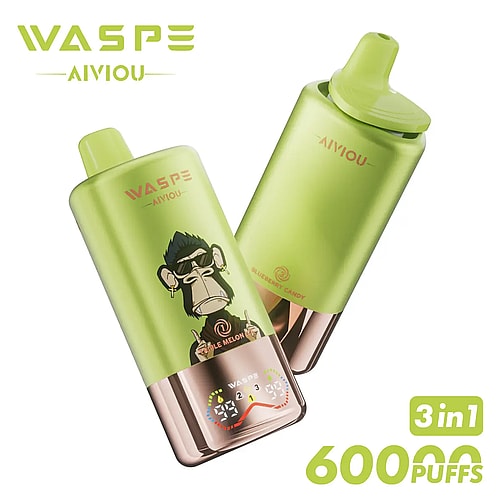 Two green vape devices featuring a cartoon monkey design and the flavors 'Bubble Melon' and 'Blueberry Candy', with LED indicators on the front and the text '3 in 1' and '60000 PUFFS' in the foreground.