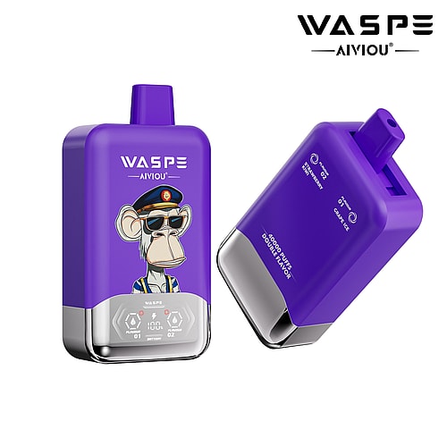 A purple vape device featuring a cartoon monkey wearing sunglasses and a pilot's hat on the front, labeled 'WASPE AIVIOU' with a metallic base and visible specifications for flavor and battery level on the side.