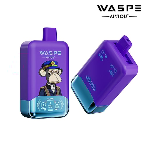 A colorful vape device featuring a cartoon monkey in a military uniform on the front, with a purple body and a blue bottom, labeled 'WASPE AIVIOU' and signifying '4000 PUFFS DOUBLE FLAVOR.'