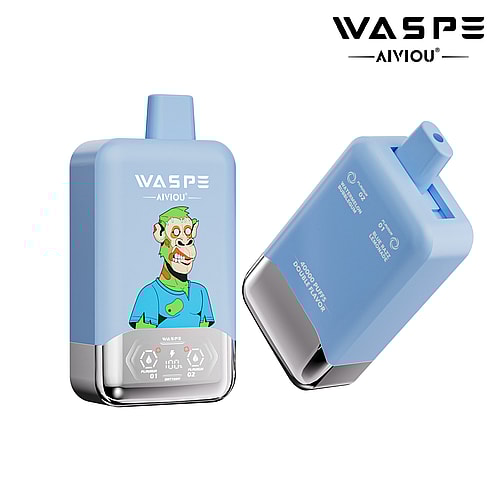 A blue flavored vape device featuring a cartoonish monkey character on the front, displaying a charging indicator and flavor settings on the base, with the logo 'WASPE AIVIOU' on the top.