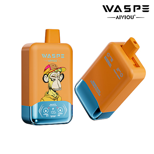 A brightly colored vaping device with a cartoon monkey wearing a hat printed on its orange surface, showcasing a sleek design with blue accents and control indicators on the front.
