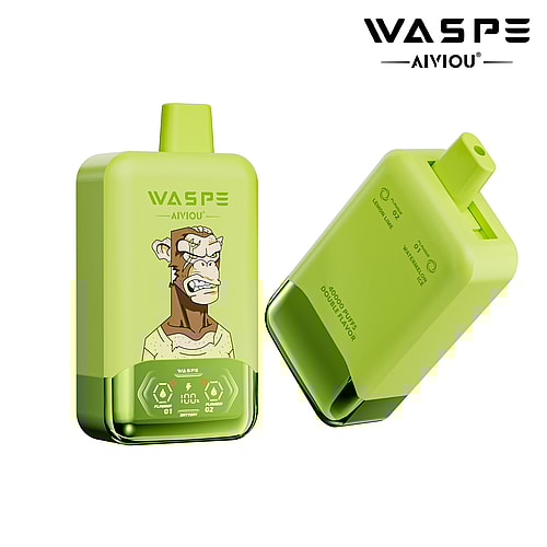 A vibrant green vape device featuring a cartoon ape graphic, labeled with 'WASPE' and 'AIVIOU', indicating it offers 4000 puffs with dual flavors of lemon and watermelon.