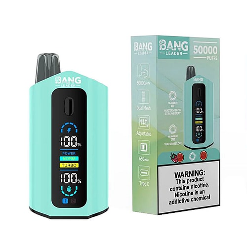 A turquoise vaping device with an LED display showing battery and power levels next to its packaging, which features information about flavors and a nicotine warning.