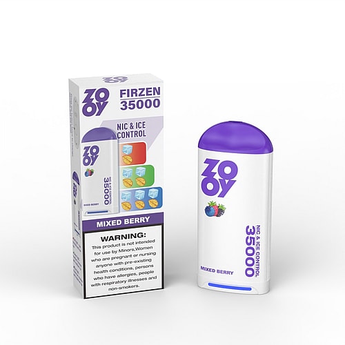 A mixed berry flavored vaping device and its packaging, featuring a sleek white design with a purple top and prominent branding that reads 'ZOOY 35000 NIC & ICE CONTROL', alongside a warning label about responsible use.