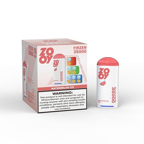 Uma caixa de ZOYO Firzen 35000, com um design vermelho e branco brilhante, rotulado "Watermelon Ice", com um aviso sobre o uso pretendido; ao lado, há um elegante dispositivo de vaporização branco com uma tampa vermelha e um desenho de uma fatia de melancia.