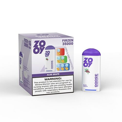 Uma caixa de canetas vape Zooy Firzen 35000 com sabor Aloe Grape, com um recipiente branco com uma tampa roxa, além de um rótulo de advertência sobre restrições de uso.