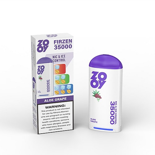 A ZOYY Firzen 35000 vape device in a white and purple color scheme, labeled with 'Aloe Grape' and 'NIC & ICE CONTROL', placed next to its packaging that shows warnings and flavor illustrations.