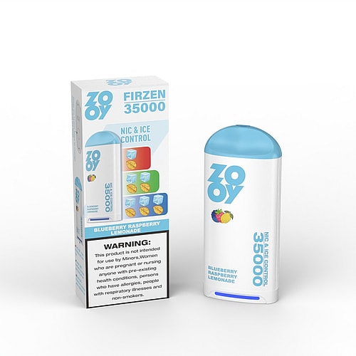 A white and blue vape device labeled 'ZOOY FIRZEN 35000' with the flavor 'Blueberry Raspberry Lemonade' on the front, accompanied by a colorful box that highlights 'NIC & ICE CONTROL' and includes a warning about usage restrictions for minors and people with health conditions.