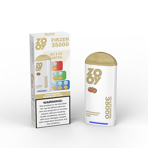 A white and gold electronic vaping device labeled 'ZOY FIRZEN 35000' with 'Strawberry Raspberry Kiwi' flavor, placed next to its colorful box featuring illustrations of fruits and ice, along with a warning about health risks.