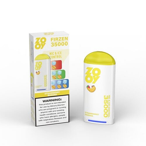 Um dispositivo de vaporizador recarregável rotulado como 'ZOY FIRZEN 35000' em branco e amarelo com uma ilustração de banana, ao lado de sua caixa colorida com gráficos de gelo e frutas e um rótulo de advertência sobre restrições de uso.