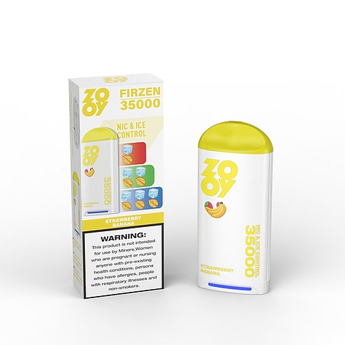 A rechargeable vape device labeled 'ZOY FIRZEN 35000' in white and yellow with a banana illustration, next to its colorful box featuring ice and fruit graphics and a warning label about usage restrictions.