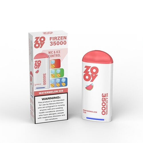 Um dispositivo de vaporizador branco e rosa com o rótulo 'ZOOY FIRZEN 35000' com 'WATERMELON ICE' na frente e ícones coloridos de gelo e frutas, ao lado da embalagem que inclui um aviso sobre restrições de uso.