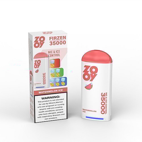 A white and pink vape device labeled 'ZOOY FIRZEN 35000' with 'WATERMELON ICE' on the front and colorful ice and fruit icons, sitting next to its packaging that includes a warning about use restrictions.