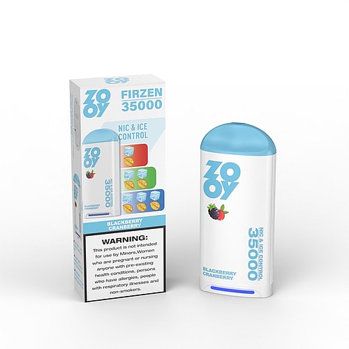 A vape device labeled 'Zooy Firzen 35000' with a mint blue cap, featuring branding for 'Blackberry Cranberry' flavor, accompanied by a cardboard box displaying warnings and additional product information.