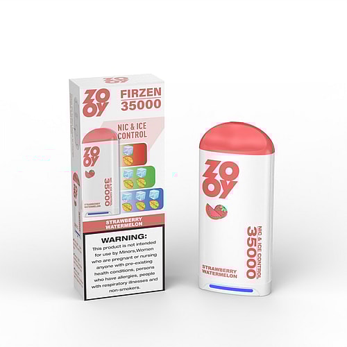 A vape device labeled "ZOYO FIRZEN 35000" in a white and red color scheme, alongside its box, which features a graphic of strawberries and watermelons, warning text, and information about its "NIC & ICE CONTROL" function.