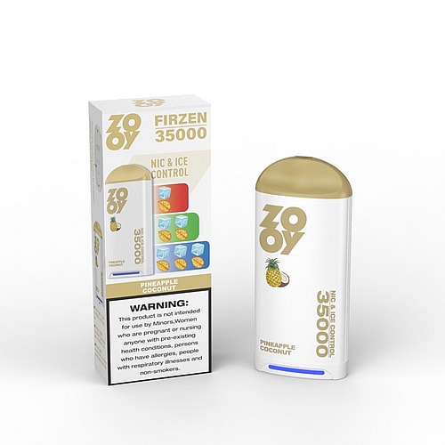 A vape device labeled 'ZOY FIRZEN 35000' in Pineapple Coconut flavor, displayed alongside its packaging, featuring colorful graphics of ice and pineapple slices, along with a warning that it is not intended for minors or certain health conditions.