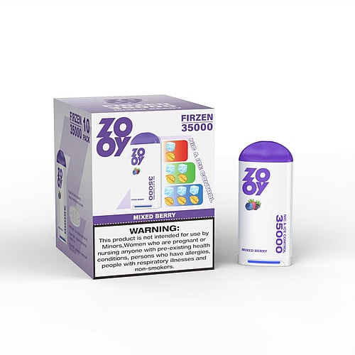 A white and purple vaping product labeled 'ZOOY FIRZEN 35000' with a 'Mixed Berry' flavor, standing next to its colorful packaging that features images of ice cubes and fruits, along with a warning notice on the bottom.