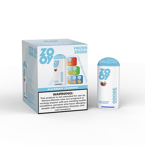 A box of "Zooy" vape mix, featuring a white and blue color scheme with the text 'FIRZEN 35000' and 'BLACKBERRY CRANBERRY', alongside a warning label indicating the product is not intended for use by minors or certain health conditions, with a vape pen beside the box showcasing the same branding and flavor.