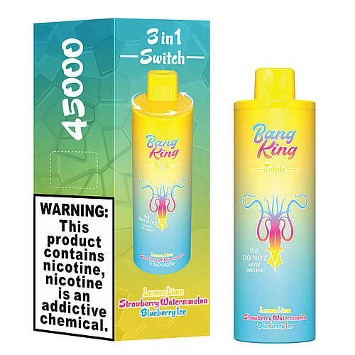 A yellow and blue vape canister labeled "Bang King Triple" featuring a whimsical design with squid-like graphics and a warning about nicotine, showcasing flavors of Lemon Lime, Strawberry Watermelon, and Blueberry Ice on the front.