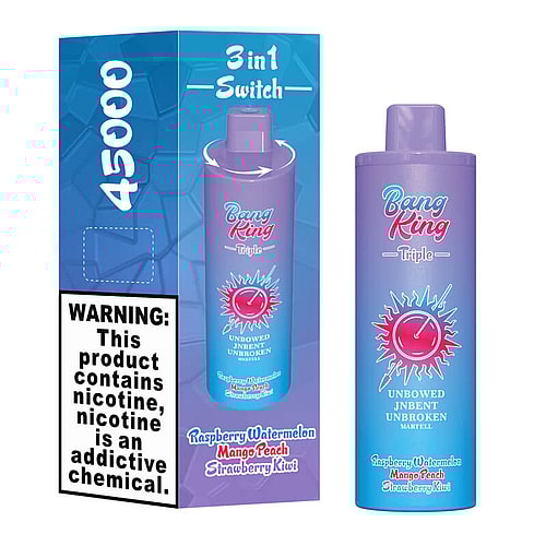 A packaged vape product labeled 'Bang King Triple' with flavors including Raspberry Watermelon, Mango Peach, and Strawberry Kiwi, featuring a prominent warning about nicotine and a rotating selector on the top, all set against a colorful blue and purple background.